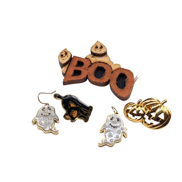 Halloween Boo Black Cat Jack-o-Lantern Pins & Ghost Dangling Earrings - Picture 1 of 6